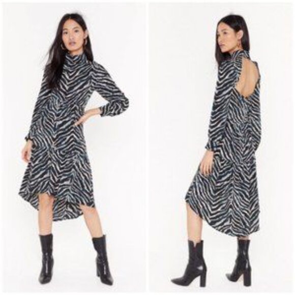 Nasty Gal Zebra Print Midi Dress 8 Long Sleeves High Low Hem Green Black - Picture 1 of 11